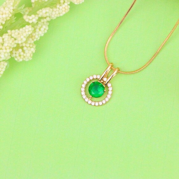 "Round Green Pendant with Halo Stones in Gold Finish for Elegant Look, XPPT1714 - Picture 13 of 13